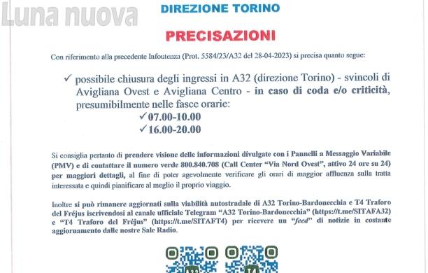 A32 Avigliana-Rivoli: chiusure "possibili" solo nelle fasce 7-10 e 16-20