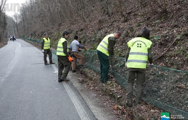 Gli addetti del parco e del Comune mentre posano le reti 